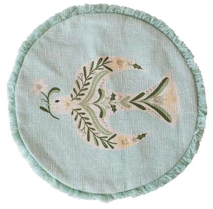 Creative Co-Op, Multicolor Round Cotton Printed Pillow with Embroidered Dove and Fringe