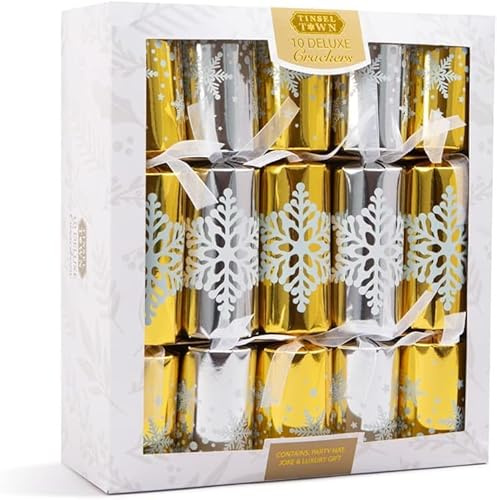 Deluxe Christmas Crackers with Unique Designs and Festive Surprises 10 x 14” | Harmless Holiday Party Essentials for Family Gatherings, Fun Presents, and Celebrations (GOLD AND SILVER SNOWFLAKE)