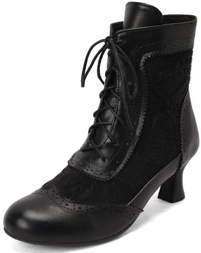 Botines de Encaje victorianos para Mujer, cómodos Botines de tacón de Gatito para Boda, Fiesta, Botas Retro de tacón Medio de Bruja,Negro,45 EU