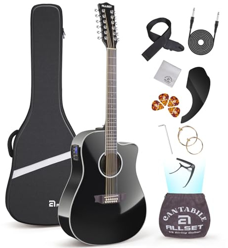 ALLSET - Guitarra de 12 cuerdas – Kit de guitarra eléctrica acústica para estilo dedo, Adi Spruce parte superior Guitarra de 12 cuerdas con bolsa de concierto, púas, cuerdas, correa, obsidiana pulida