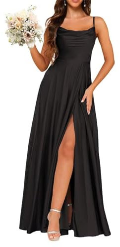 HPPEE Robe de demoiselle d'honneur en satin à bretelles spaghetti avec fente et col bénitier pour femme, Noir , 36