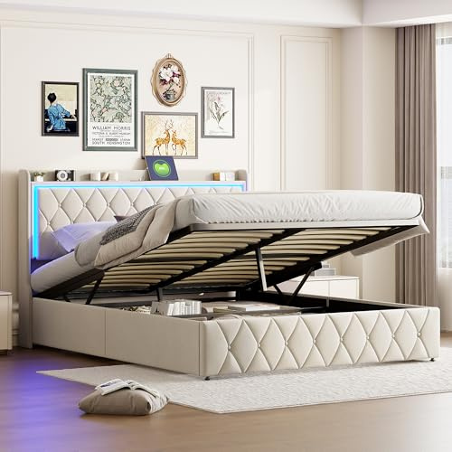 KOOPMAD Bett mit Stauraum, 160 x 200 cm, hydraulisches Bett mit Stauraum, Kopfteil mit LED-Leuchten und USB, Design mit Kreuzstreifen, gepolstert, Doppelbett, Beige (ohne Matratze)