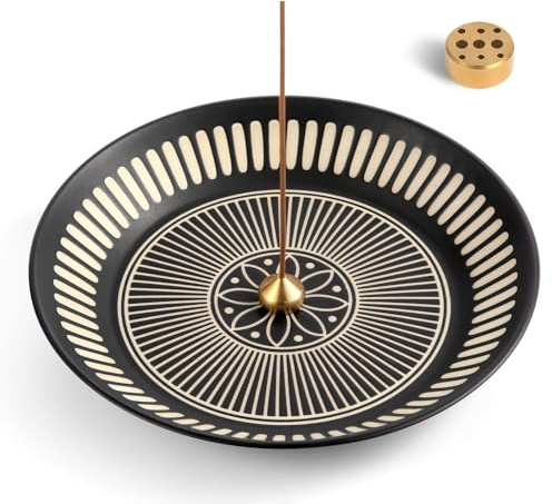 Mofunci Incense Holder for Sticks, Palo Santo, Sage, Incense Cone Holder 6.7, Ceramic Incense Burner Holder with 9 Incense Holes, Ash Catcher Tray for Meditation Yoga Relaxation Home Decor (Black)
