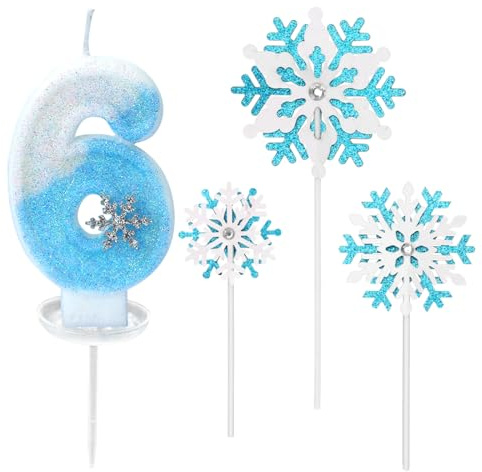 Glitzernde Zahlenkerze 6 mit Schneeflocken-Deko –Geburtstagskerze für Mädchen, Kerze 6 Geburtstag Kinder, Kerzen für Kuchen, Blau-weißer 3D-Glitzer & Tropfschutz