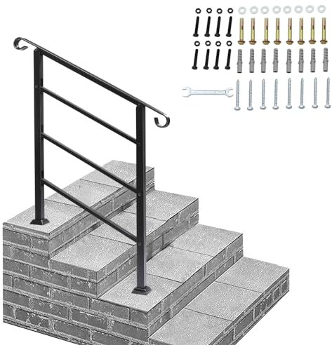 Outdoor Handrail for Stairs Fit 1or 3 Steps,Wrought Iron Hand Rails Stairs Railing Kit,Outside Steps with Installation Kit for Garden Cross Bar Stairs (Style B)