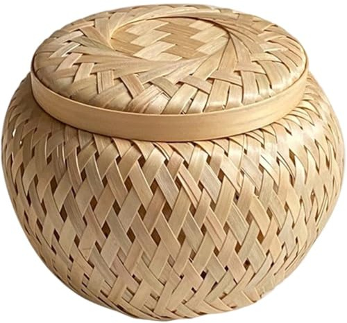 Dinntty Bamboo Storage Basket with Lid Tea Can Double Layer Handmade Woven Tea Basket Storage Box Decorative Storage Baskets for Tea Fruit Dried Fruit Snack Food
