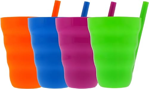 Bexter (Set of 4 Plastic Straw Cups with Built-in Straws – 22oz Stackable Plastic Tumblers – BPA-Free, Reusable Sip-A-Cup Drinkware – Dishwasher Safe – Water, Juice, Milk