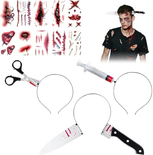 Halloween Haarreif 3 Stück + 10 Stück temporäre Tätowierung, Spritze im Kopf Haarreifen Blutig, Blutige Schere Messer im Kopf, Halloween Grusel Accessoires Set, Halloween Neuheit Dekorationen