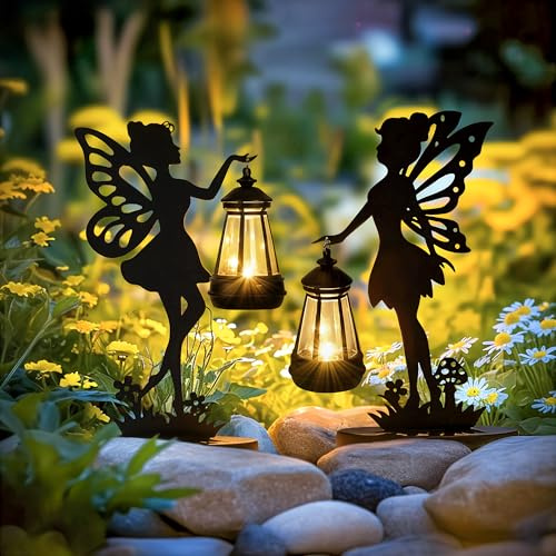 GIGALUMI Statua di Fata in Ferro, Ornamento da Giardino per Esterni, con Luci a Energia Solare, Impermeabile, Decorazione per Patio, Cortile, Regali Unici per la Mamma (Confezione da 2)