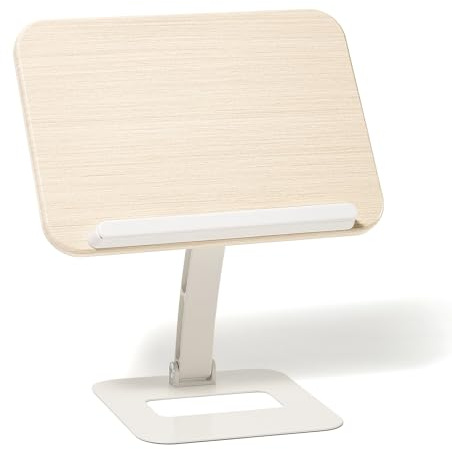 JIELISI Book Stand for Reading,Adjustable Kitchen Recipe Book Holder with Metal Base, Wooden Reading Rest with Elastic Page Clips,Foldable Design Cookbook Stand for Kitchen & Office