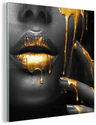 MuchoWow© Quadri Camera Letto 30x30 cm Stampe Parete Immagine Su Vetro Moderno Decorazioni Murali Soggiorno Fotografia Quadretti Ingresso Casa Muro Donna - Nero - Oro - Viso - Labbra