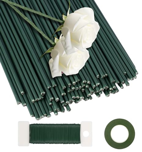 Jeqqinuz 50 Stücke Blumendraht Grün, Basteldraht 2mm Durchmesser, Floristendraht zum Basteln 30cm, Blumenstamm Steckdraht mit Klebeband und Draht für DIY Blumenbouquets Handwerk Blumenarrangements