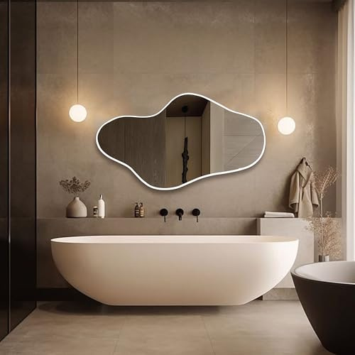 FAWdecor Miroir pleine longueur – Miroirs muraux décoratifs asymétriques avec cadre en bois pour salle de bain, chambre, salon, vestiaire, entrée (blanc, 34 x 60 cm)
