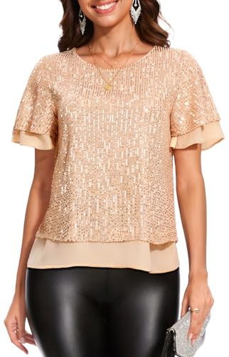 DRESSTELLS Women's Sparkly Sequin Tops, Glitter Ruffle Cocktail Party Top for Girls, Holiday Wedding Guest Evening Club Teen Concert Shirts Champagne L