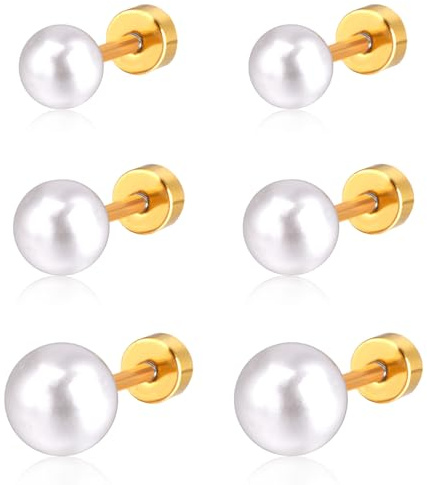 3 Paare Kleine Perlenohrringe Ohrstecker mit Flachen Schraube Zurück, 4mm 6mm 8mm Hypoallergene 316L Chirurgische Edelstahl Perle Knorpel Helix Ohrringe Schmuck für Frauen Mädchen