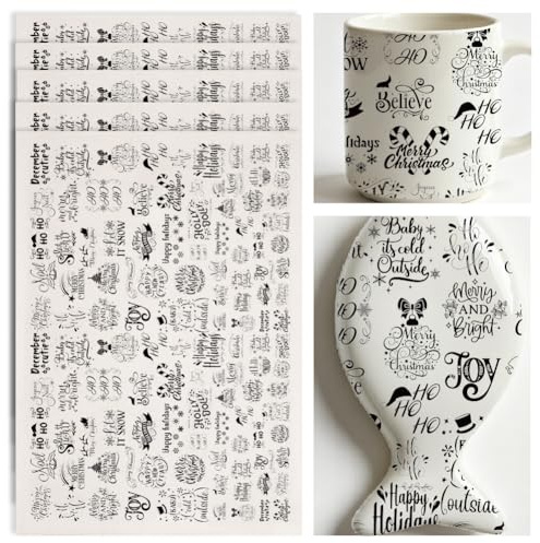 SUPERDANT 4 stycken semester text underglasyr överföringsfolier för keramik halloween jul keramiska klistermärken porslin dekor svart överföringspapper 52 x 37 cm gåva för keramikälskare