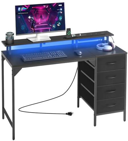 VEVOR Scrivania per Computer, Tavolo da Ufficio con Luci LED Intelligenti e Prese di Corrente, Scrivania Gaming Ergonomica con 4 Cassetti e Supporto per Monitor per Studio, Soggiorno, Ufficio Nero