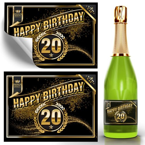 Premium Flaschenetiketten 20. Geburtstag – 2x Happy Birthday VIP Design Schwarz-Gold – Exklusive Deko & Geschenk für Sekt, Wein & Spirituosen – selbstklebend – Funke & Brand