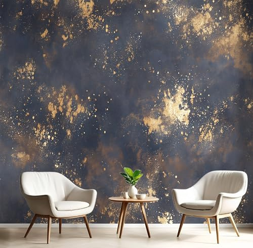 JSCWDET Papel Pintado Pared Textura Moteada Dorada 150 × 105 cm Fondo De Pantalla Panorámico Estilo De Arte Abstracto Papel Tapiz Decoración De Pared Para Sala De Estar Dormitorio, Azul Oscuro