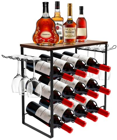 CASDUCT Weinregal Metall für 12 Flaschen,Freistehend Flaschenregal mit Tischplatte & Weinglashalter, 62 x 21 x 41cm, Vintage Weinständer für Keller, Bar und Lagerraum,Weinregal mit 3 Ebenen