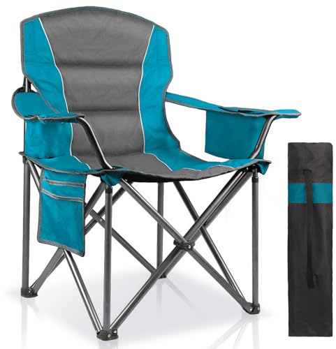 LANMOUNTAIN Oversized Padded Camping Chairs for Adults,Heavy Duty Support 400 Lbs,Folding Portable Lawn Chair w/Cup Holder,Cooler Bag,Side Pocket,Perfect for Outdoor Picnic,Hiking(Blue)