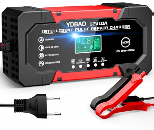 Autobatterie Ladegerät 10A Batterieladegerät 12V LiFePO4 & AGM Option Intelligentes Ladegerät Autobatterie mit LCD Display Temperaturkompensation Batteriepfleger Mit Reparaturmodus für Auto Motorrad