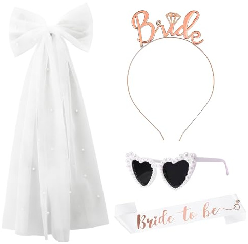 ElevaPulse 4-tlg JGA Accessoires Frauen Set - Bride to be Schärpe, Schleier mit Perlen, Haarreif & Brille - Edle Junggesellenabschied Frauen Deko & JGA Outfit Rosegold