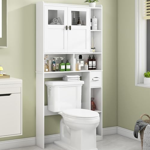 Weißer Waschmaschinenschrank mit Glastüren & Schubfach für Badezimmer