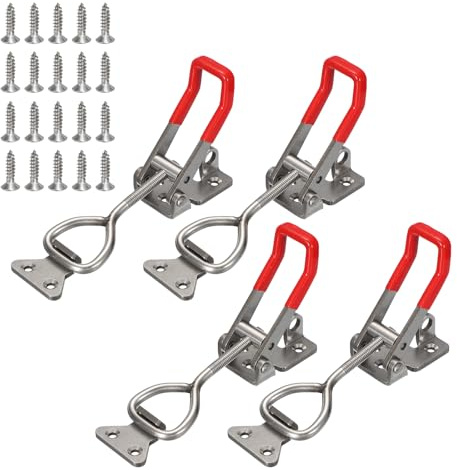 sourcing map 4 Pack 4003 Toggle Latch Clamp 304 Stainless Steel Adjustable Toggle Latches with Lock Hole and Leather Heavy Duty Quick Release Hasp Clamp for Smoker Cabinet Lid Jig Trunk, Silver