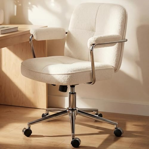 Hellove Homeoffice Stuhl Moderner, Schreibtischstuhl Bürostuhl mit gepolsterten Armlehnen und Chrom-Metallrahmen, Drehstuhl höhenverstellbar für Arbeitszimmer Schlafzimmer Schminktisch, Frottee Weiß