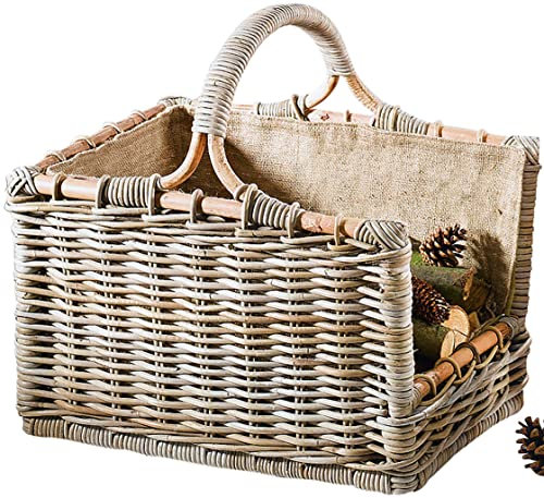 Kobolo Holztrage aus Rattan | 50x38x47 cm | grau | stabiler Kaminholzkorb mit Griff & Stoffeinsatz | robuster Holzkorb geflochten für Brennholz, Kaminholz & Feuerholz | dekorative Holzaufbewahrung