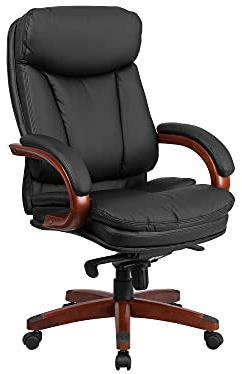 Flash Möbel Hohe Rückseite Leder Executive Drehstuhl mit Synchro-tilt Mechanismus, Mahagoni Holz Boden und Arme, Metall, schwarz, 85.09 X 67.31 X 41.27 cm