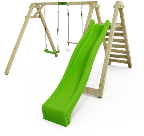 FATMOOSE Kinderschaukel Schaukelgestell JollyJay mit apfelgrüner Rutsche & Schaukel, Schaukelgerüst mit Leiter, Doppelschaukel, Holzschaukel für Kinder Im Garten