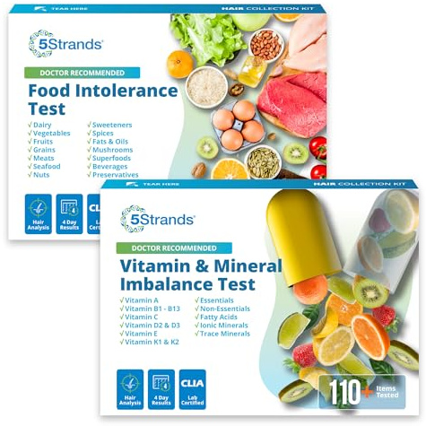 5Strands Food Intolerance & Vitamins & Minerals Imbalance Test, at Home Hair Analysis for Adults & Kids, Identify Digestive Stress & Nutrient Absorption Gaps, Results in 4 Days
