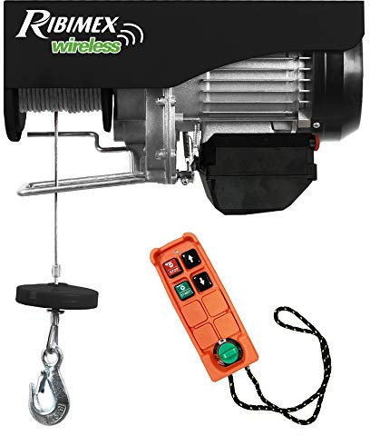 Ribimex Paranco Elettrico Telecomandato da 400/800 Kg con Puleggia e Fune in Acciaio Intrecciato, Motore Monofase e Comando Wireless - PE400/800T