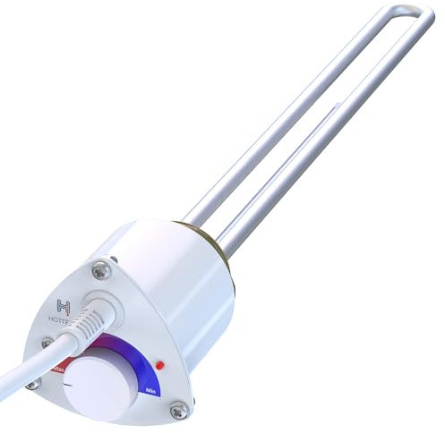 Hottech Tauchsieder Heizstab Elektro für Heizkessel Boiler – Heizpatrone mit Uni-Schuko-Stecker und Temperaturregler Wasser Thermostat Wärmetauscher, Weiß, 230 V, 1500 W, 5/4