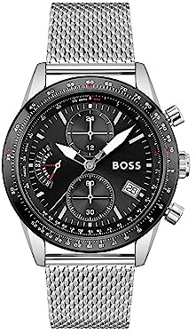 BOSS Orologio con Cronografo al Quarzo da Uomo Collezione PILOT EDITION CHRONO con Cinturino in Maglia Metallica in Acciaio Inossidabile Argentato - 1513886