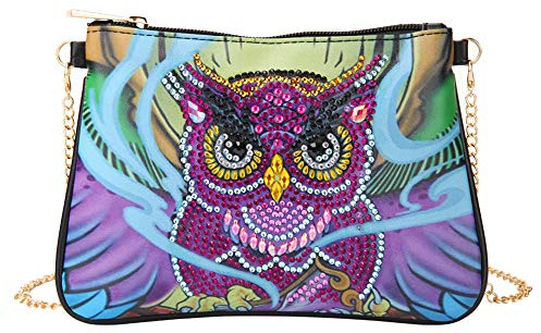 VETPW gör-det-själv 5D uggla diamant klistrad målning crossbody handväska med kedja, diamantkonst läder myntväska plånbok, strassmålning smink axelväska för fest semester, Flerfärgade, 1