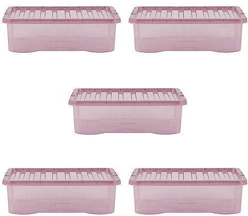 Wham Crystal 5 x 32L Stackable Plastic Storage Boxes with Lids | Ideal for Home, Office, Toys & More | Medium Boxes | Made in UK - Dusky Orchid