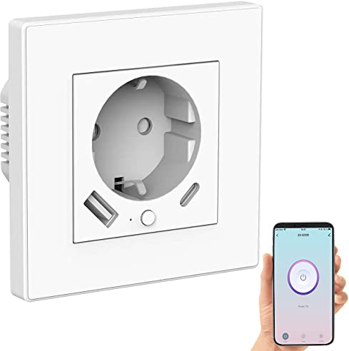 Luminea Home Control 2in1-WLAN-Unterputzsteckdose mit USB-C- und USB-A-Netzteil, 2 A, App