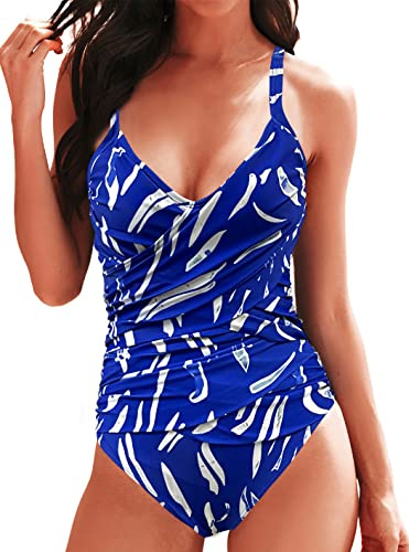 Rayson Bañadores Mujer Reductores Vientre Plano con Relleno Talla Grande Trajes de Baño Una Pieza Fruncido Cuello en V Bañador Reductor Mujer Espaguetis Ajustables(Estampado Azul Marino,XXL)