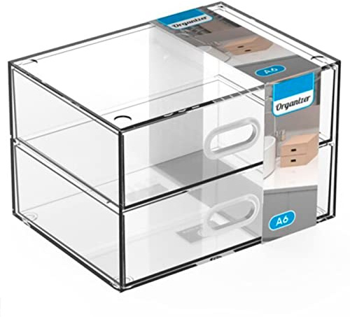 Acan Tradineur Mini Cassettiera A6 Trasparente con 2 Cassetti in Plastica Organizzatore Cosmetici Trucco Accessori per Cucito Viti Made in Spagna, 17 x 12,5 x 11,1 cm