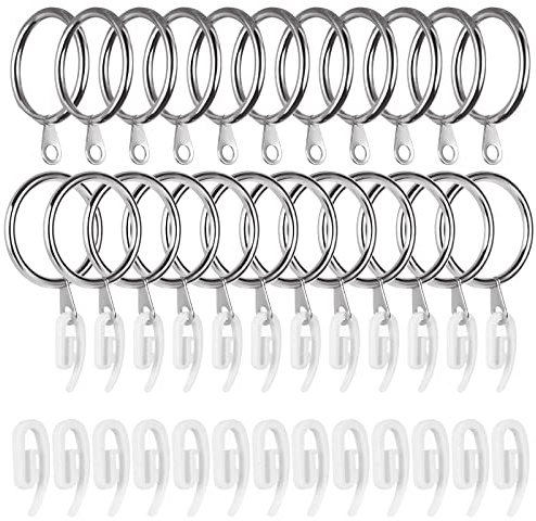 JMIATRY 100 Pcs Curtain Rings and Hooks, 32mm Silver Metal Curtain Pole Rings, Durable Drapery Hanging Rings with Plastic Curtain Hooks for Curtain Poles, Rods and Drapery, Shower Curtains