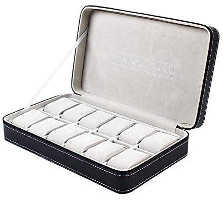 JINPRDAMZ Uhrenbox mit 12 Fächern, Schwarz Uhrenkasten mit Herausnehmbaren Uhrenkissen und Reißverschluss aus PU-Leder und Nubuk, Uhrenkoffer für die Aufbewahrung von Schmuck und Uhren(33x20x7.5cm)