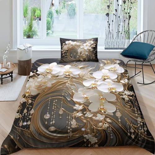 3pcs Housse De Floral Ensemble De Gris Blanc Housse De Couette Imprimé 3D Taie d'oreiller Parure De Lit Linge De Lit Convient Aux Enfants Single（135x200cm）