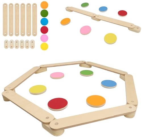 XMTECH Barra de Equilibrio de Madera para Niños - 12 Piezas con 6 Piedras Combinables - Juego Montessori para Interior y Exterior - 3 a 7 Años