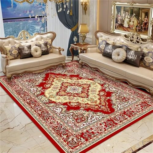 DJHWWD Teppich Design Roter Blumenmuster Retro Für Erwachsene Zimmer Pflege Esszimmer Flur Lang 200X280Cm Gelb Kinderteppich Junge