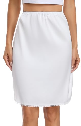 Vlazom Women's Half Slips Soft Satin Lace Underskirt Short Silk Waist Slips Petticoat for Skirts Underdress,White,M