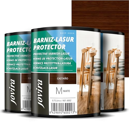 JOVIRA PINTURAS BARNIZ-LASUR Protector MATE al Agua. Protege, decora y embellece todo tipo de madera. (3x750 Mililitros, Castaño)
