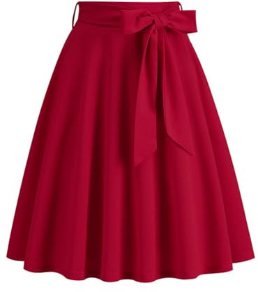 Seiveini Jupe Femme Élégant Trapèze Vintage Années 50 Rockabilly Haute Taille avec Ceinture Été Automne Maxi Fluide Evasée A-Line Ample A Rouge XXL